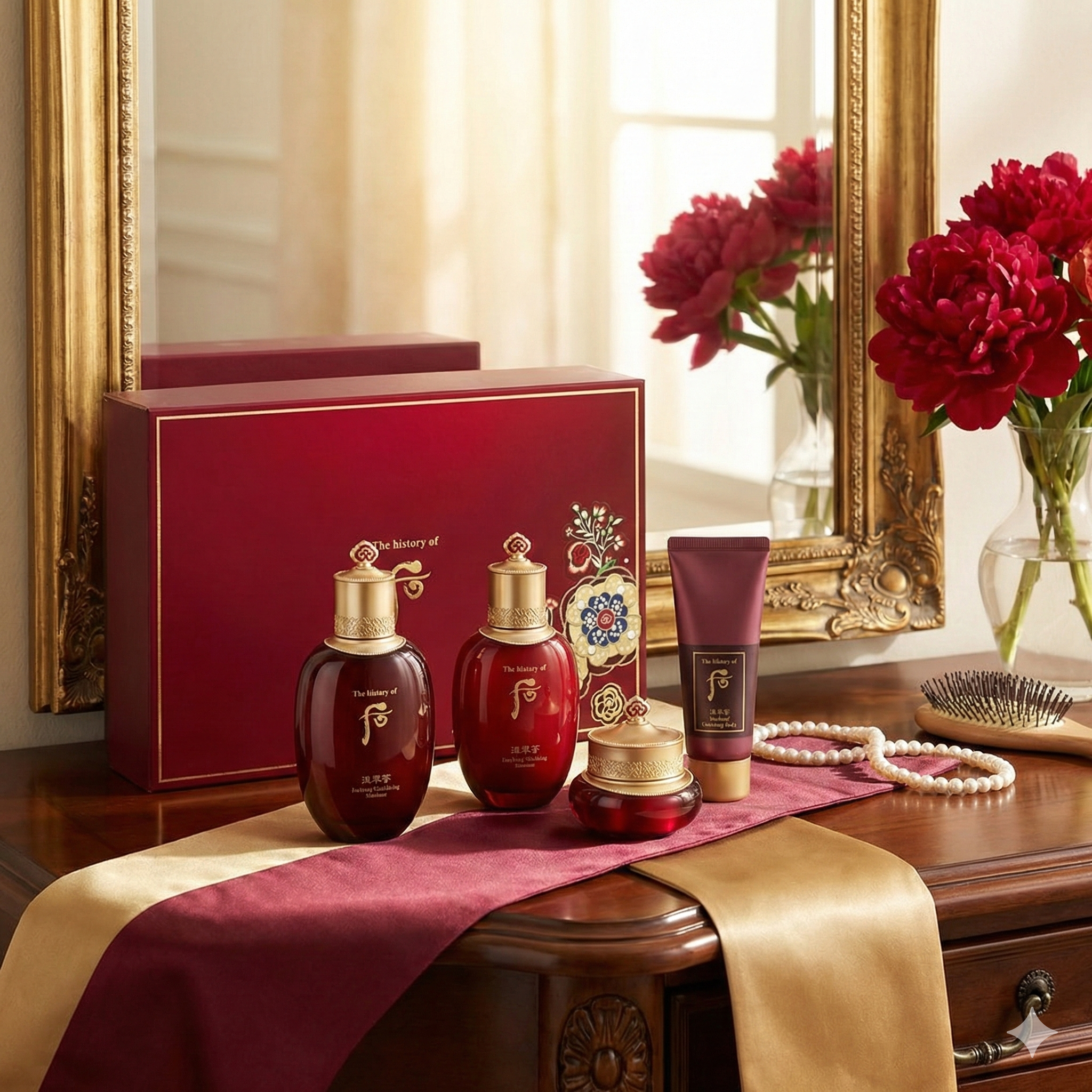 Cosmetic set with red and gold bottles on a wooden table with flowers in the background
